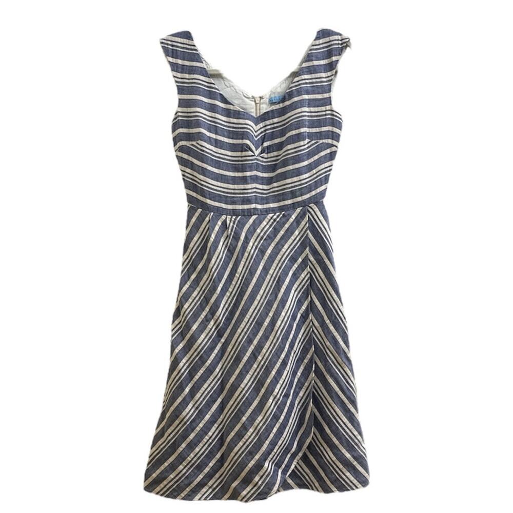 Linen Cotton Blend Antonio Melani Striped Sleeveless Dress 0 XS Natural Fibers,